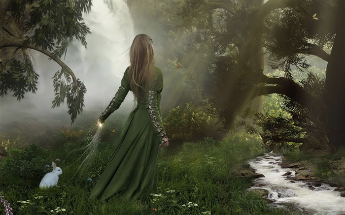 Зеленое платье фантазии девушка в лесу, белый кролик обои,s изображение