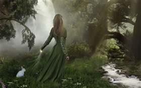 Зеленое платье фантазии девушка в лесу, белый кролик HD обои
