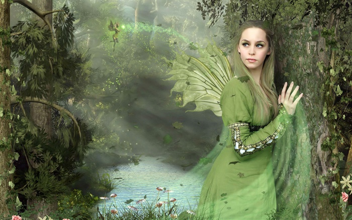 Зеленое платье фантазии девушка, крылья, фея обои,s изображение