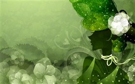 Зеленый стиль фона, вектор девочка, цветы
