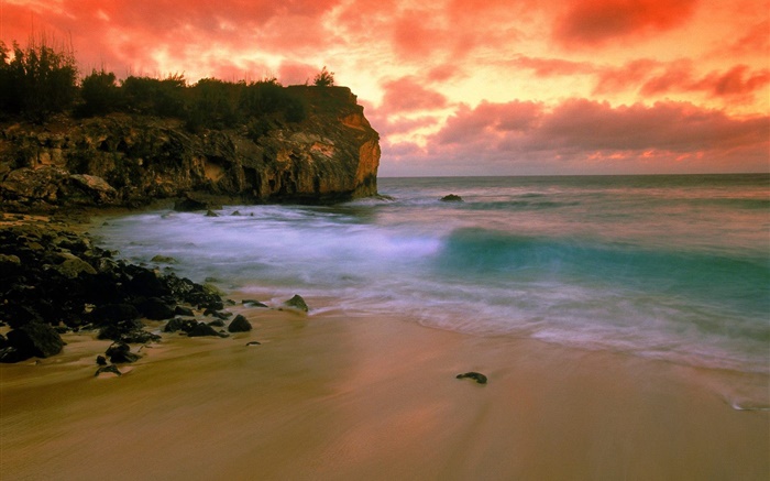 Гавайи, США, пляж, побережье, море, красное небо, закат обои,s изображение