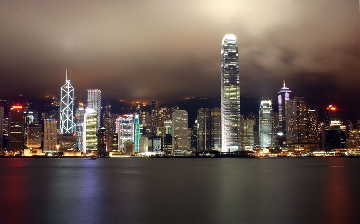 Гонконг, красивый город, небоскребы, ночь, огни, река обои,s изображение