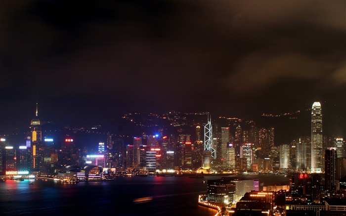 Гонконг, красивая ночь, город, небоскребы, огни, море обои,s изображение