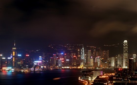 Гонконг, красивая ночь, город, небоскребы, огни, море