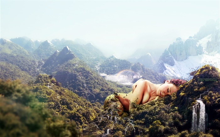 Огромная девушка, спать на горах, креативный дизайн обои,s изображение