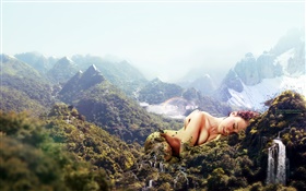 Огромная девушка, спать на горах, креативный дизайн HD обои