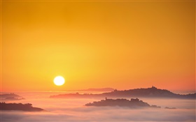 Италия, восход, солнце, туман, утро, город