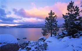 Lake Tahoe, зима, снег, деревья, закат, США