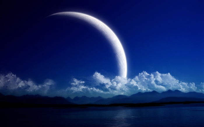 Озеро, горы, облака, ночь, планеты обои,s изображение