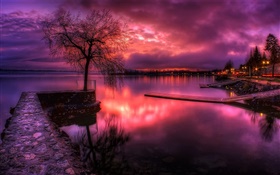 Озеро, красное небо, закат, облака, деревья, фонари