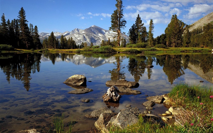 Озеро, деревья, отражение воды, горы, облака обои,s изображение