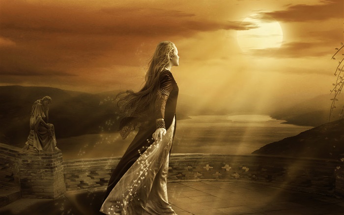 Магия фэнтези девушка, рассвет, солнце, облака обои,s изображение