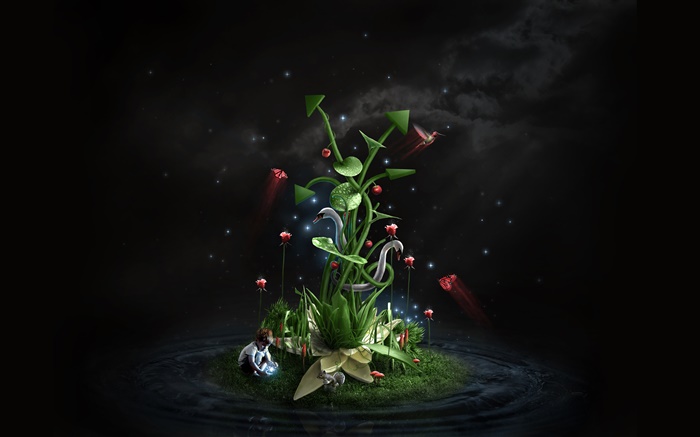 Магические растения, ребенок, цветы, бабочки, креативный дизайн обои,s изображение
