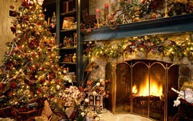 С Рождеством Христовым, шары, украшения, камин, осветительные приборы, теплый HD обои