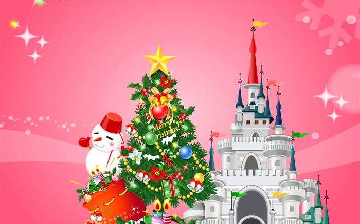 С Рождеством Христовым, вектор дизайн, дерево, снеговик, подарки, замок обои,s изображение