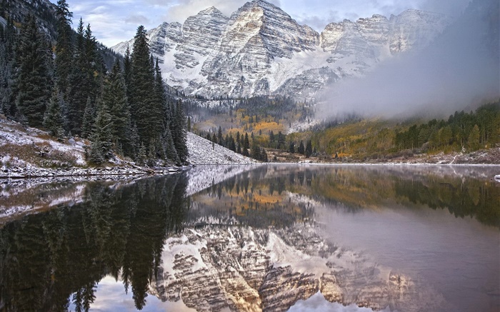 Утро, туман, озеро, горы, вода отражение обои,s изображение