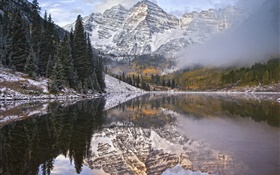 Утро, туман, озеро, горы, вода отражение HD обои