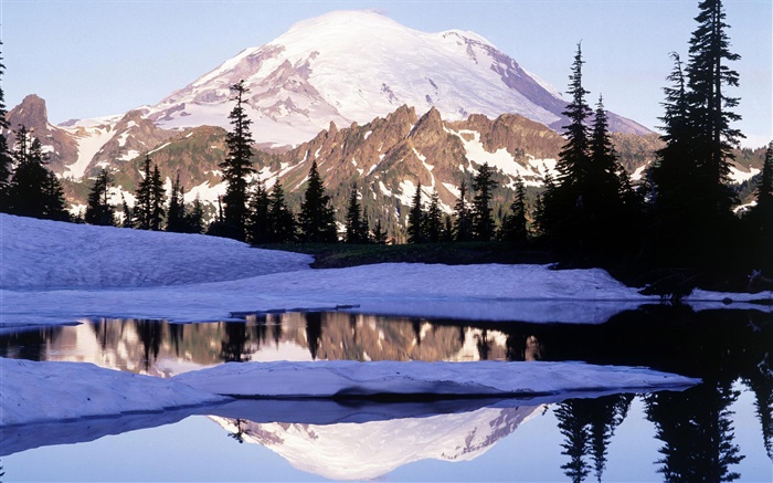 Маунт-Рейнир, Tipsoo озеро, горы, деревья, снег, Вашингтон, США обои,s изображение