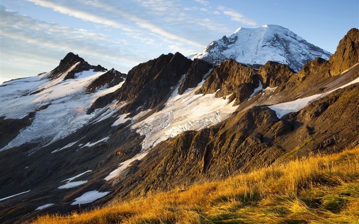 Горы, снег, трава обои,s изображение