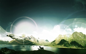 Горы, озеро, оленями, свет, креативный дизайн HD обои