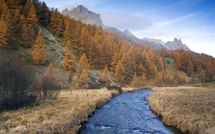 Горы, деревья, трава, река, голубое небо обои,s изображение