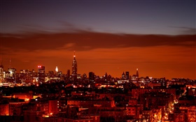 Ночь, город, дома, огни, красный стиль HD обои
