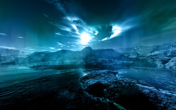Ночной пейзаж, море, берег, вода, луна, облака, синий стиль обои,s изображение