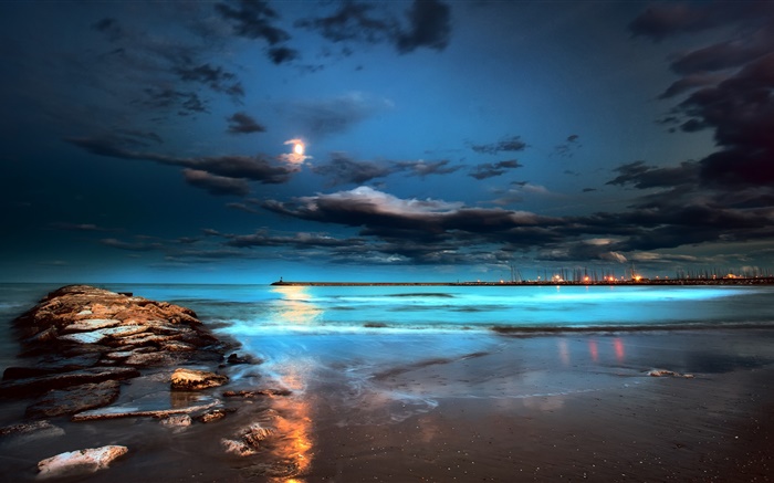Ночь, огни, луна, облака, море, пирс обои,s изображение