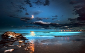 Ночь, огни, луна, облака, море, пирс HD обои
