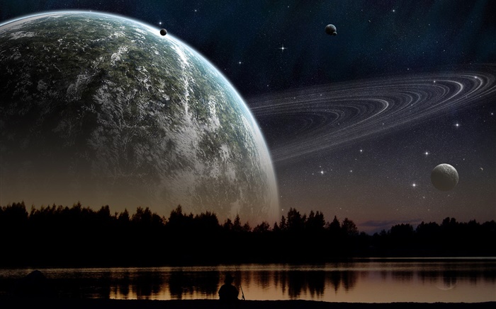 Ночь, горы, озеро, деревья, планеты, звезды обои,s изображение