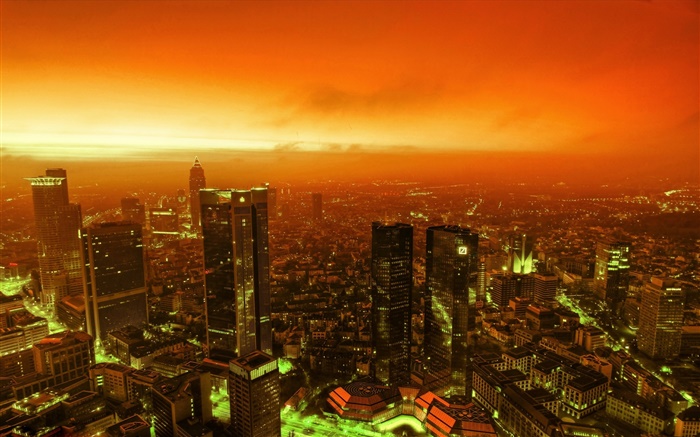 Ночной вид на город, небоскребы, огни, сумерки, красное небо обои,s изображение