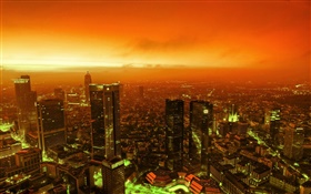 Ночной вид на город, небоскребы, огни, сумерки, красное небо HD обои
