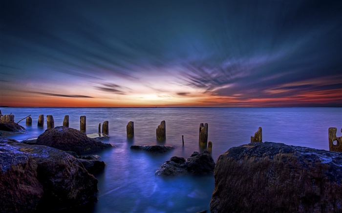 Море, берег, море, забор, камни, рассвет обои,s изображение