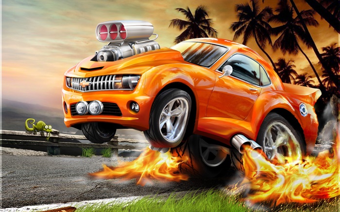 Оранжевый Chevrolet автомобиль, 3D дизайн обои,s изображение