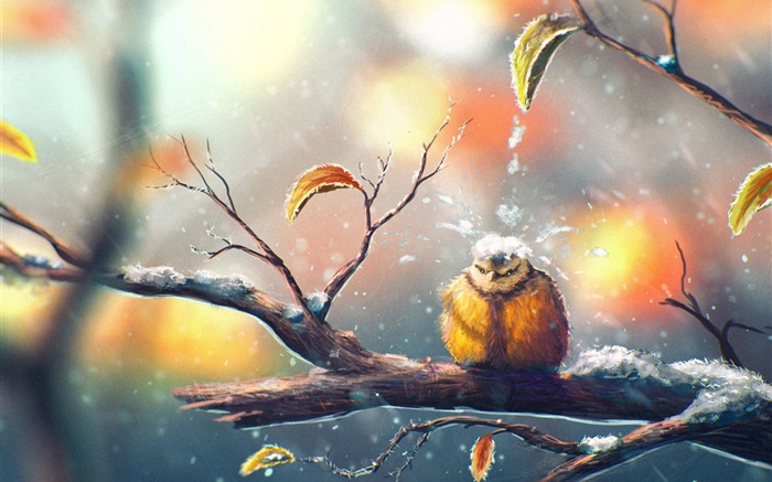 Живопись, птица зимой, ветка, снег, листья обои,s изображение