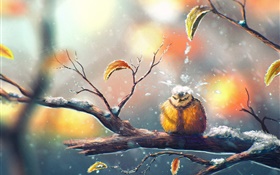Живопись, птица зимой, ветка, снег, листья HD обои