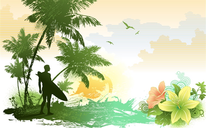 Пальмы, цветы, птицы, море, тропический, человек, векторные картинки обои,s изображение