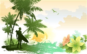 Пальмы, цветы, птицы, море, тропический, человек, векторные картинки HD обои