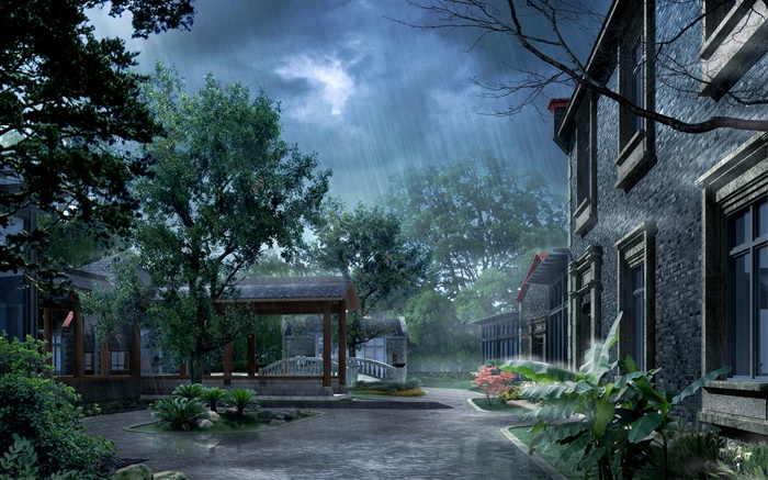 Парк в дождь, дом, деревья, 3D визуализации изображений обои,s изображение