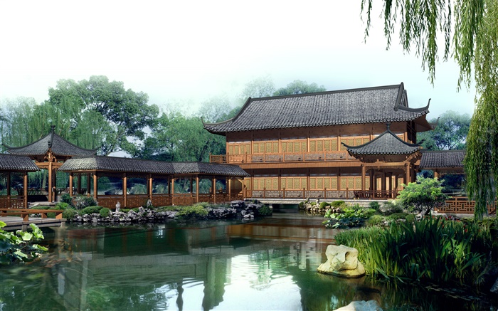 Парк, озеро, павильон, крытый мост, 3D дизайн обои,s изображение
