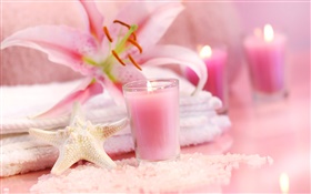 Розовый стиль, свечи, морские звезды, орхидеи, полотенце, SPA натюрморт HD обои