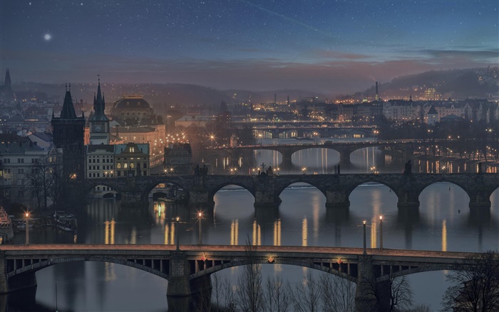 Прага, Чешская Республика, мост, река, дом, ночь, огни обои,s изображение