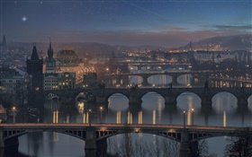 Прага, Чешская Республика, мост, река, дом, ночь, огни HD обои