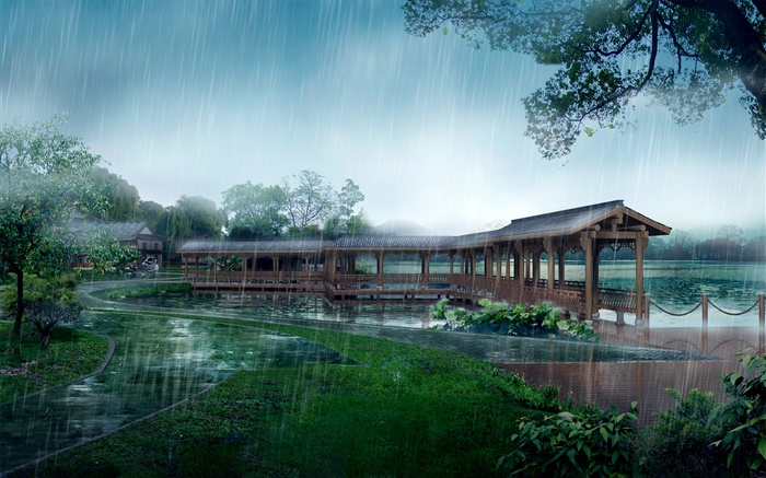 Дождливый день, парк, крытый мост, деревья, озеро, путь, 3D-дизайн обои,s изображение