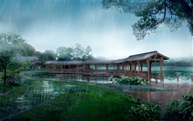 Дождливый день, парк, крытый мост, деревья, озеро, путь, 3D-дизайн HD обои