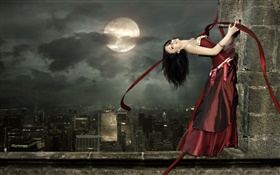 Красное платье фантазии девушка, счастливый, улыбка, поза, луна HD обои