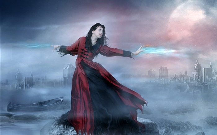 Красное платье фантазии девушка, магия, лодка, ночь, луна обои,s изображение