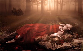 Красное платье фантазии девушка, спать в лесу HD обои