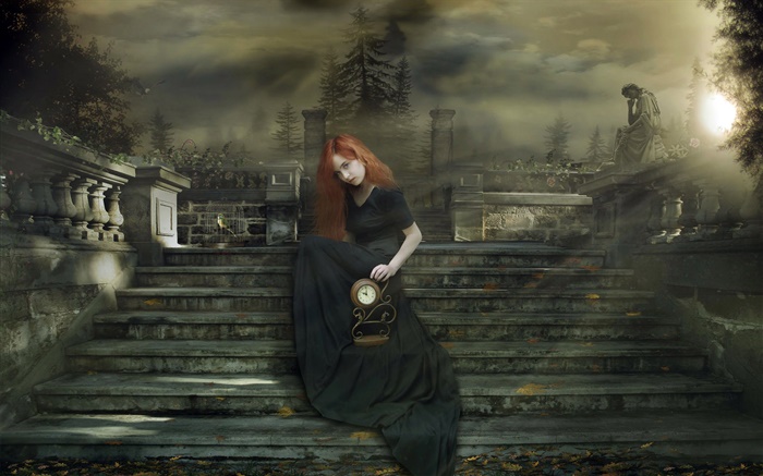 Красные волосы девушка фантазии, лестницы, часы, ночь обои,s изображение