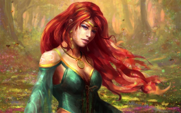 Красные волосы фантазии девушка в лесу обои,s изображение